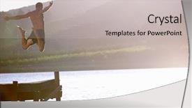 Presentation with lake - PPT theme featuring young man jumping into lake background and a light gray colored foreground