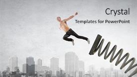  Presentation with ethnies jumping up in the air - Slide deck having young man jumping on spring background and a  colored foreground