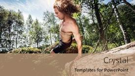  Presentation with freedom - Slide set featuring young man jumping over a tree trunk in the forest summer runnig outdoors nature and freedom concept background and a coral colored foreground