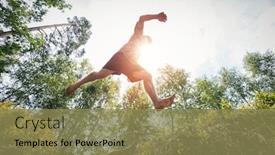  Presentation with activity - Cool new PPT layouts with young man jumping in the forest summer activity outdoors freedom concept low angle perspective backdrop and a coral colored foreground