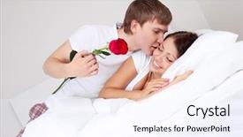  Presentation with giving - Audience pleasing presentation theme consisting of young man kissing his beautiful girlfriend and giving her a rose focus on the man backdrop and a sky blue colored foreground