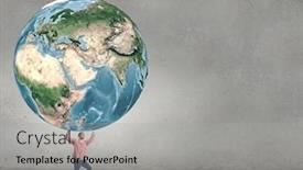  Presentation with planet earth on white - Audience pleasing slide deck consisting of young man lifting earth planet backdrop and a light gray colored foreground