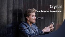  Presentation with man door - Slide deck enhanced with young man listening music with smartphone earphones sitting in the street black door background and a dark gray colored foreground