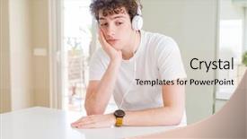  Presentation with music headphones - Beautiful PPT theme featuring young man listening to music backdrop and a  colored foreground