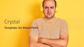  Presentation with person listening - Colorful theme enhanced with young man listening to music using headphones standing over isolated yellow background skeptic and nervous disapproving expression on face with crossed arms negative person backdrop and a yellow colored foreground