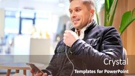  Presentation with man holding phone - Beautiful presentation theme featuring young-man-listening-to-music backdrop and a tawny brown colored foreground