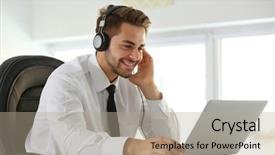  Presentation with old man and his music - Beautiful presentation design featuring young man listening to music backdrop and a coral colored foreground