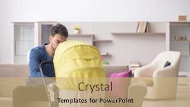  Presentation with newborn - PPT theme featuring young-man-looking-after-newborn background and a coral colored foreground