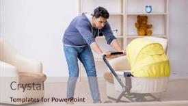  Presentation with newborn - PPT theme consisting of young-man-looking-after-newborn background and a mint green colored foreground