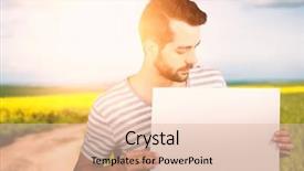  Presentation with man looking up happy - Slide deck with young man looking at blank background and a  colored foreground