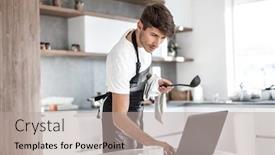  Presentation with dinner - Colorful PPT theme enhanced with young man looking at laptop screen while cooking dinner backdrop and a mint green colored foreground