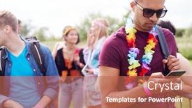  Presentation with festival music - Presentation design with young man looking at mobile phone as he waits behind barrier at entrance to music festival site background and a coral colored foreground