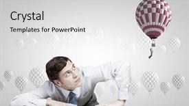  Presentation with balloon - Audience pleasing PPT theme consisting of young man looking from under table on flying balloon backdrop and a light gray colored foreground