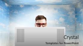  Presentation with laptop - Audience pleasing PPT theme consisting of young-man-looking-out-above backdrop and a light gray colored foreground