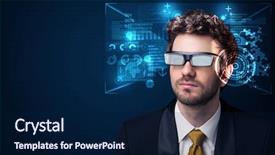 Presentation with futuristic glasses - Audience pleasing PPT theme consisting of young man looking with futuristic backdrop and a navy blue colored foreground