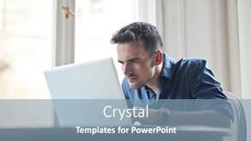  Presentation with computer - Presentation theme featuring young-man-looks-carefully background and a seafoam green colored foreground