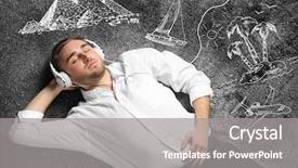  Presentation with carpet - Slide deck with young man lying on carpet and enjoying music icons on gray textured background background and a gray colored foreground
