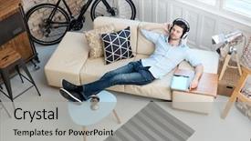  Presentation with werry old man and gis music - Colorful presentation theme enhanced with young man lying on sofa backdrop and a light gray colored foreground