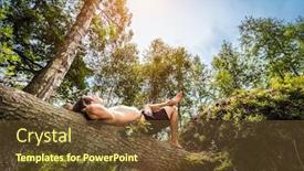  Presentation with activity - Amazing PPT theme having young man lying on a tree trunk relaxing in the forest summer activity and freedom concept low angle perspective backdrop and a tawny brown colored foreground