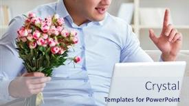 Presentation with marriage - Beautiful slide set featuring young man making marriage proposal over internet laptop backdrop and a sky blue colored foreground