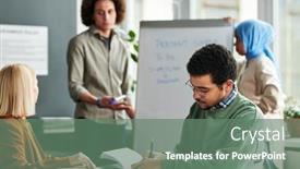  Presentation with women making - PPT theme consisting of young-man-making-notes background and a ocean colored foreground