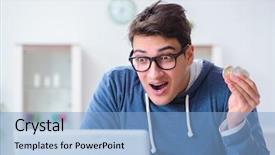  Presentation with bitcoins - Colorful presentation theme enhanced with young man mining bitcoins backdrop and a  colored foreground