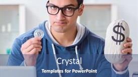  Presentation with bitcoins - Cool new slide deck with young man mining bitcoins at home backdrop and a ocean colored foreground