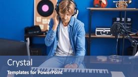  Presentation with music studio - Presentation design consisting of young-man-musician-composing-song background and a ocean colored foreground