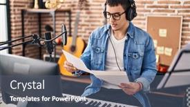  Presentation with sheet music - Theme enhanced with young-man-musician-holding-music background and a ocean colored foreground