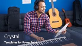  Presentation with piano keyboard - PPT theme featuring young-man-musician-playing-piano background and a tawny brown colored foreground