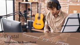  Presentation with piano keyboard - Presentation theme enhanced with young-man-musician-playing-piano background and a coral colored foreground