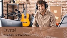  Presentation with piano keyboard - Presentation design featuring young-man-musician-playing-piano background and a coral colored foreground