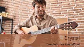  Presentation with classical music - PPT theme having young-man-musician-smiling-confident background and a coral colored foreground