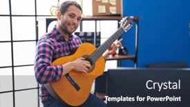  Presentation with classical guitar - Presentation design consisting of young-man-musician-smiling-confident background and a tawny brown colored foreground