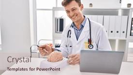  Presentation with brain - Presentation design featuring young-man-neurologist-pointing background and a soft green colored foreground