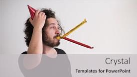  Presentation with confetti - Beautiful presentation featuring young man on party celebrating new year with falling confetti backdrop and a light gray colored foreground