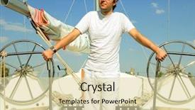  Presentation with sailboat - Presentation design featuring young man on sailboat desk looks ahead background and a soft green colored foreground