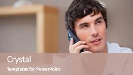  Presentation with room - Beautiful slide deck featuring young man on the cellphone sitting in the living room backdrop and a coral colored foreground