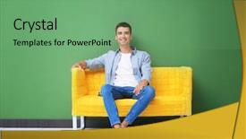  Presentation with yellow color - PPT theme featuring young man on yellow sofa background and a seafoam green colored foreground