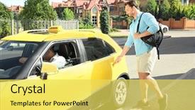  Presentation with car door - Amazing slide deck having young man opening taxi car backdrop and a yellow colored foreground