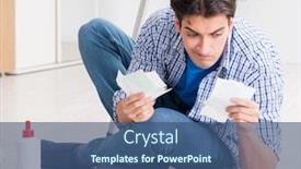  Presentation with budget - Slide deck enhanced with young man overspending his budget in refurbishment project background and a ocean colored foreground