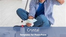  Presentation with budget 3d - Beautiful slide set featuring young man overspending his budget in refurbishment project backdrop and a ocean colored foreground