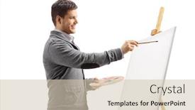  Presentation with canvas - Presentation design consisting of young man painting on a canvas isolated on white background background and a soft green colored foreground