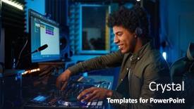  Presentation with radio station - Slides with young-man-paying-music background and a navy blue colored foreground