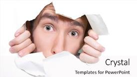  Presentation with paper - Theme enhanced with young man peeping through hole background and a sky blue colored foreground
