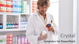  Presentation with scanning - PPT layouts having young-man-pharmacist-scanning-pills background and a light gray colored foreground