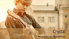  Presentation with acoustic - Audience pleasing presentation theme consisting of young man play on the acoustic guitar on the street backdrop and a gold colored foreground