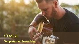 Presentation with acoustic - Presentation theme with young man playing acoustic guitar while sitting on chair in yard during sunny day background and a tawny brown colored foreground