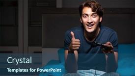  Presentation with computer games - Slide deck featuring young man playing computer games at night in bed background and a ocean colored foreground