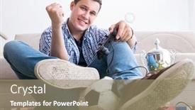  Presentation with computer games - PPT layouts with young man playing computer games at home background and a coral colored foreground